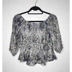 Express Blouse Womens Black White Animal Print Off Shoulder Pleated Ruffle Top